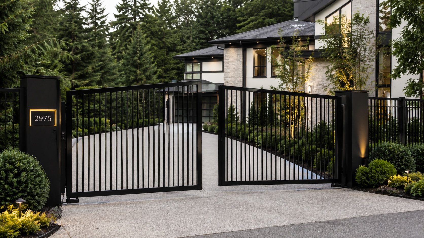 Custom black metal driveway gate and matching fence at a Metro Vancouver home