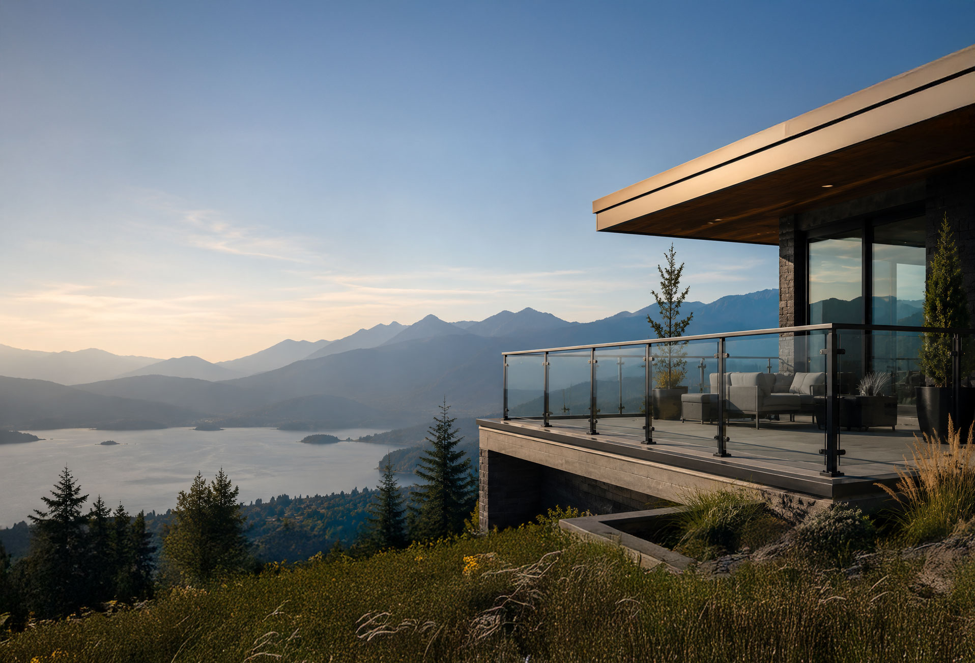 Custom glass railing on a modern Metro Vancouver home overlooking the mountains